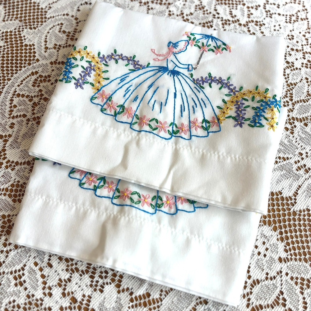 Vintage Southern Belle Hand-Embroidered Pillowcases Standard Pair White USA Made